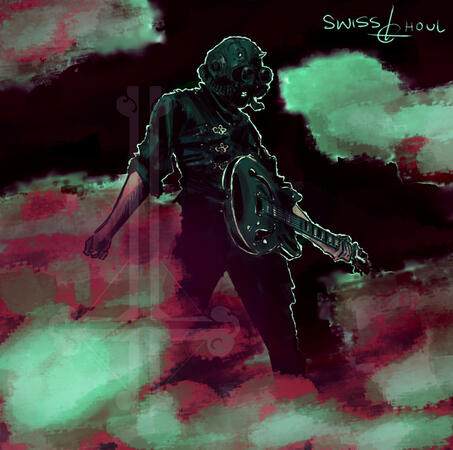 Swiss ghoul (ghost) standing confidently with his guitar in ominous lighting (purple red and green) surrounded by smoke.