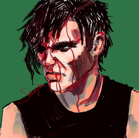 Close up profile of Mary Goore against a muted green background, blood dripping down his face.